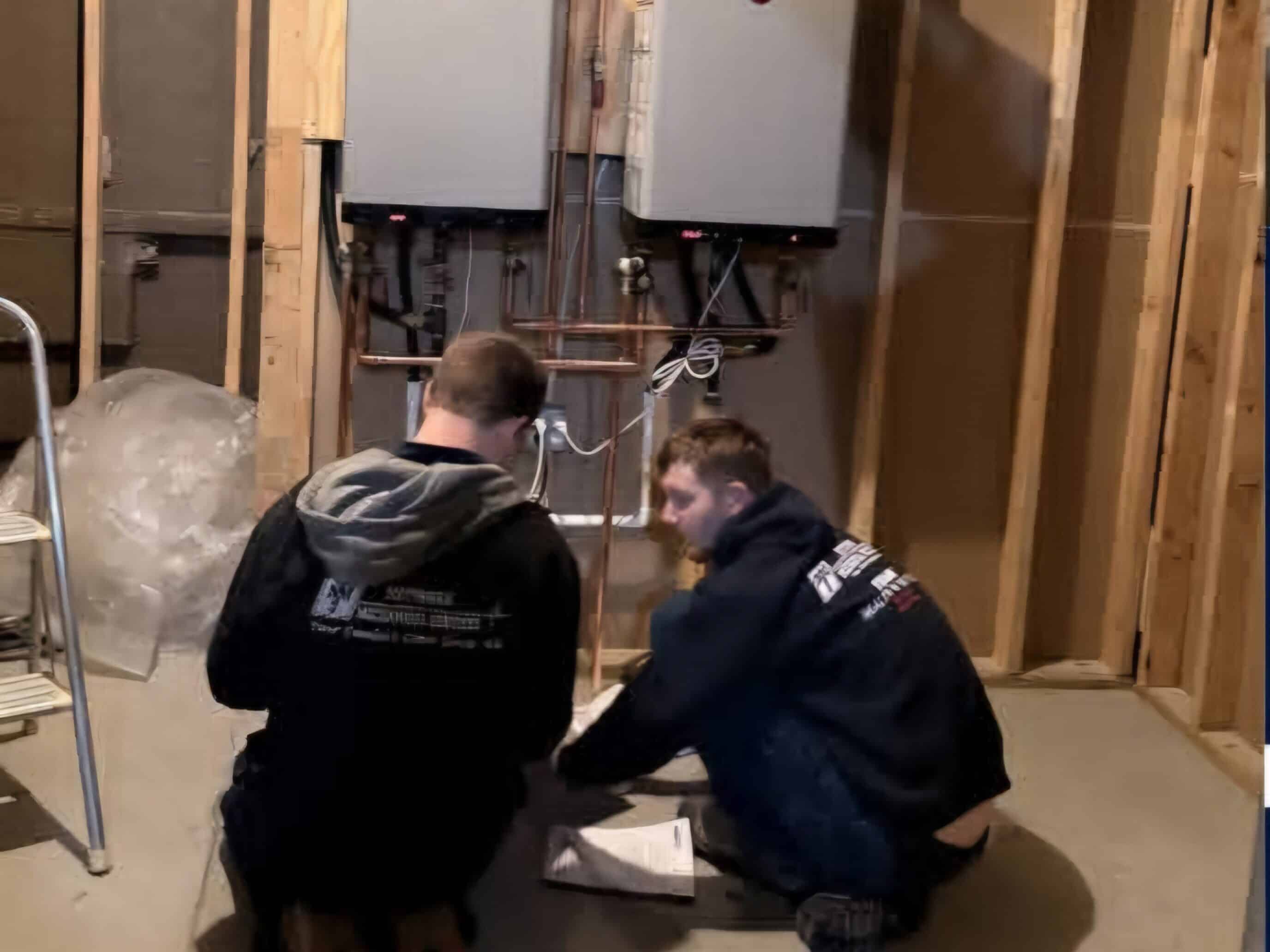 Two contractors installing water heater
