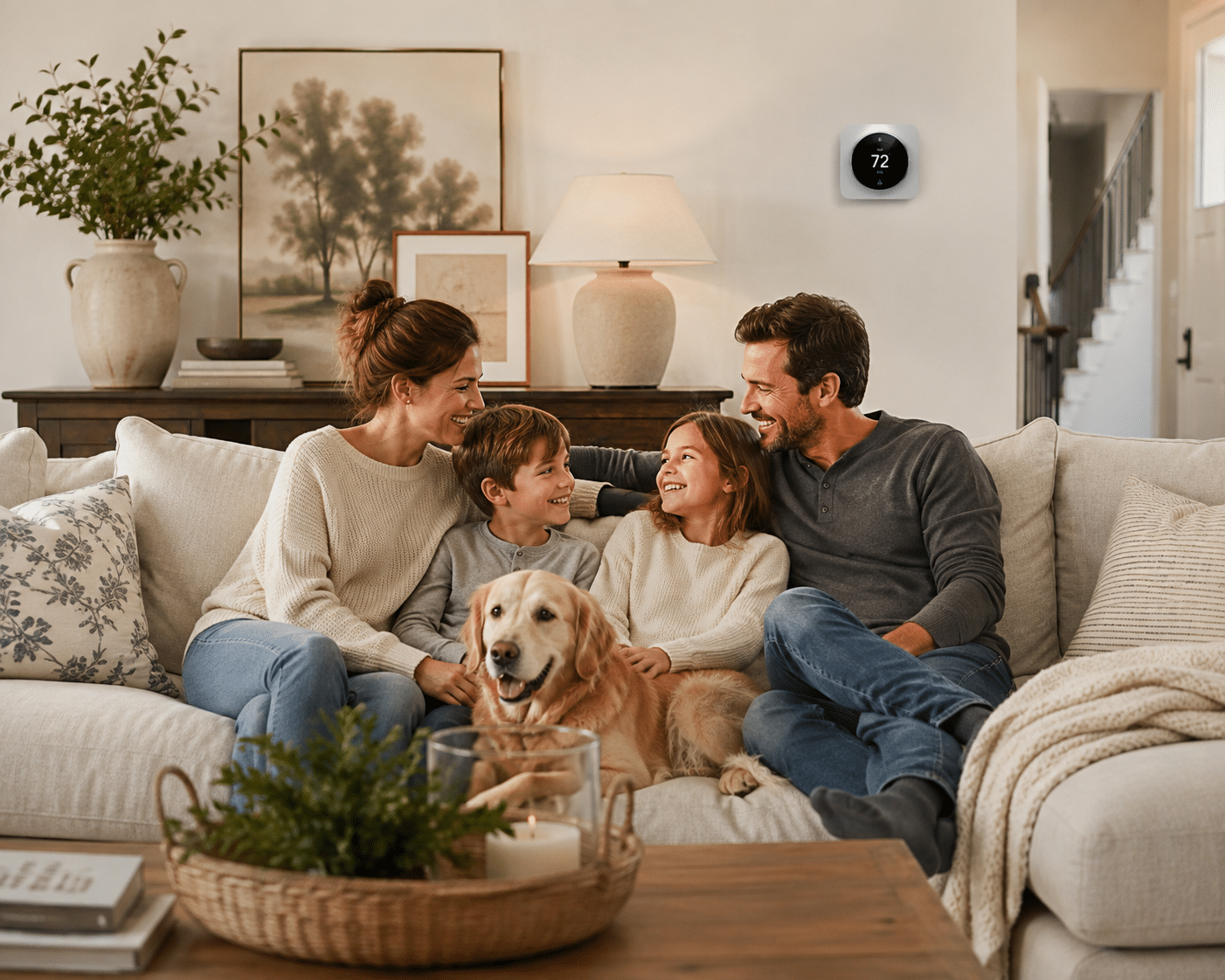 Family sitting in their living room enojoying quality HVAC system